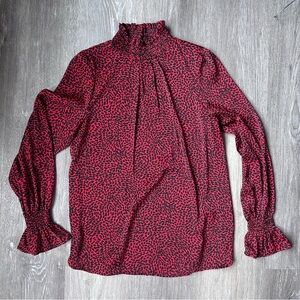Red & Black High-Neck Ruffle Blouse - XS